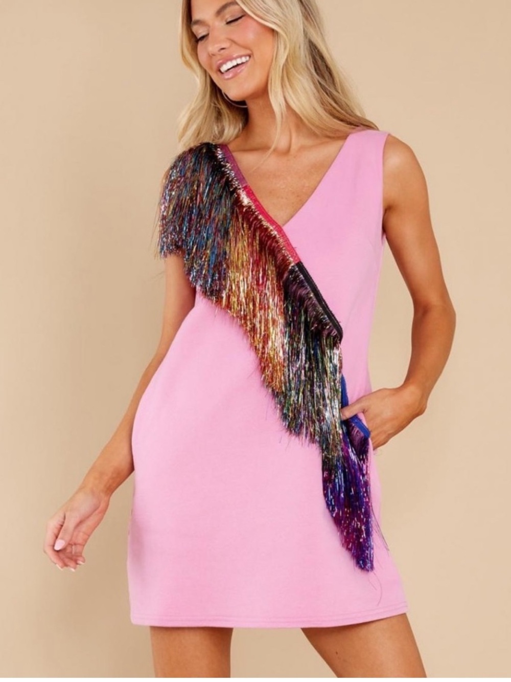 Queen of Sparkles Diagonal Metallic Pink Fringe Dress Small